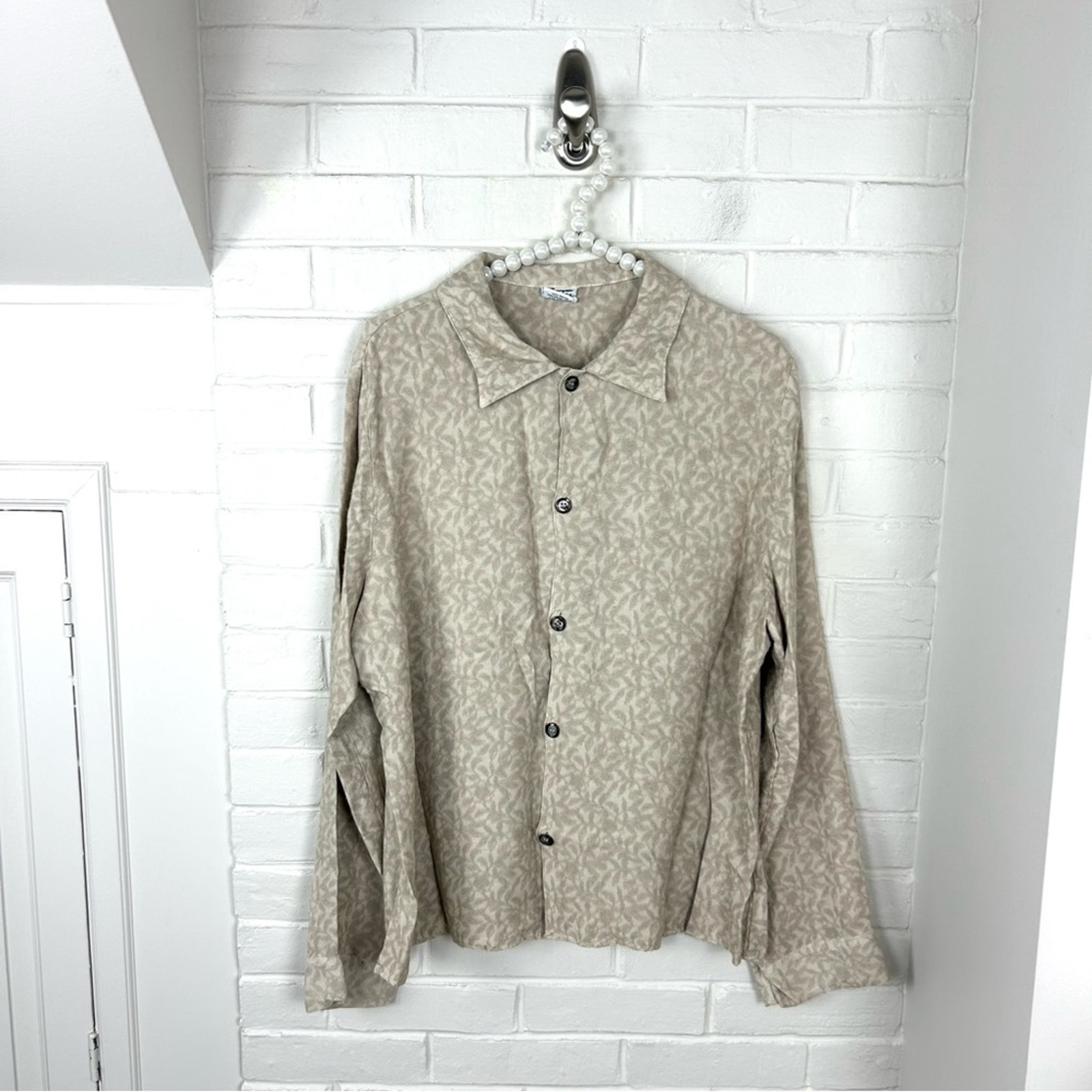 Cp Shades Neutral Vine Leaf Embroidered Button Down Long Sleeve Top Size M